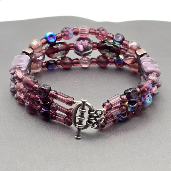 VTG Sterling Silver Purple AB Crystal Foil Leaf & Floral Beaded Bracelet 7.5" - Picture 7 of 10